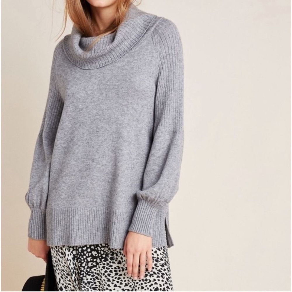 Anthropologie Paloma Oversized Knit Gray Cowl‎ Neck Puff Sleeve Sweater Small
